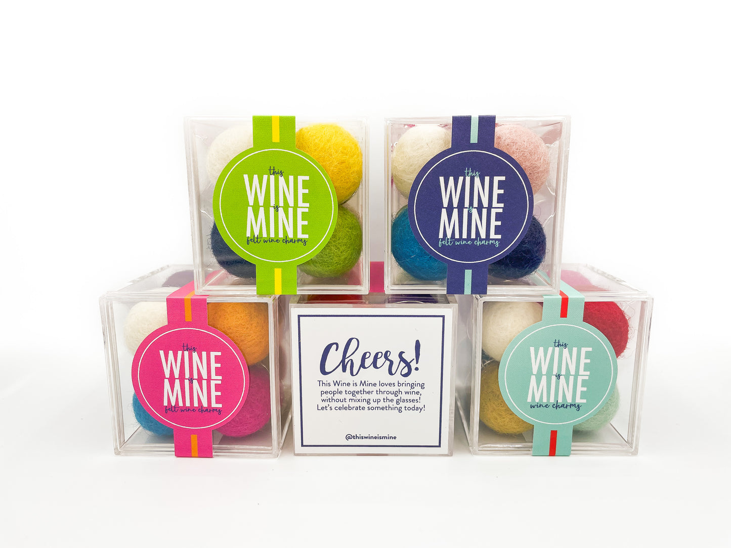 Felt Ball Wine Charms in Clear Acrylic Party Cube